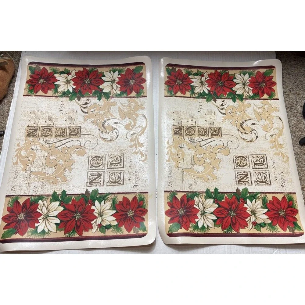 Holiday Time Christmas Poinsettia Vinyl Placemats Set of 4 13x18 Noel